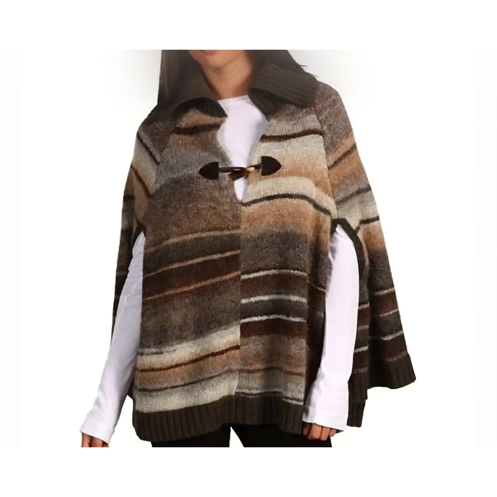 Sanctuary Brown Striped Wool Alpaca Blend Toggle Poncho Wrap Large *READ